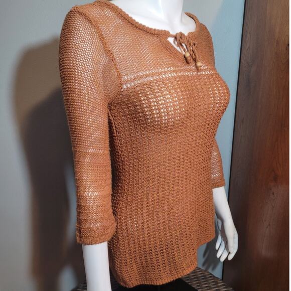 Lucky Brand Boho Crochet Sweater Brown Tie Neck Open Knit Semi Sheer Top Small - Picture 10 of 10